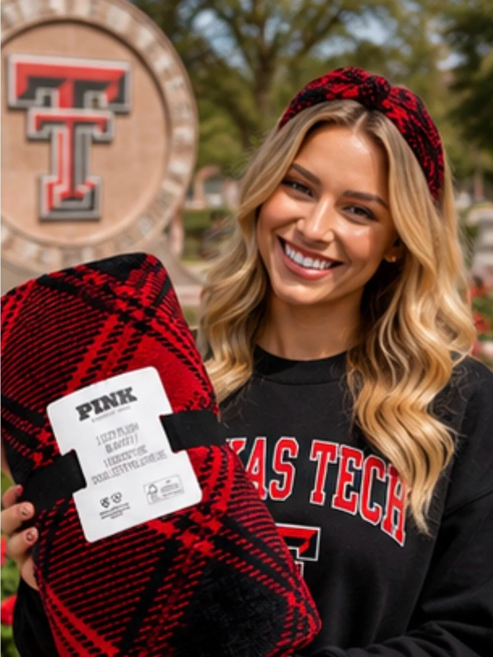 Victoria's Secret Cozy Plush Blanket -Red & Black Plaid Texas Tech & Georgia UGA